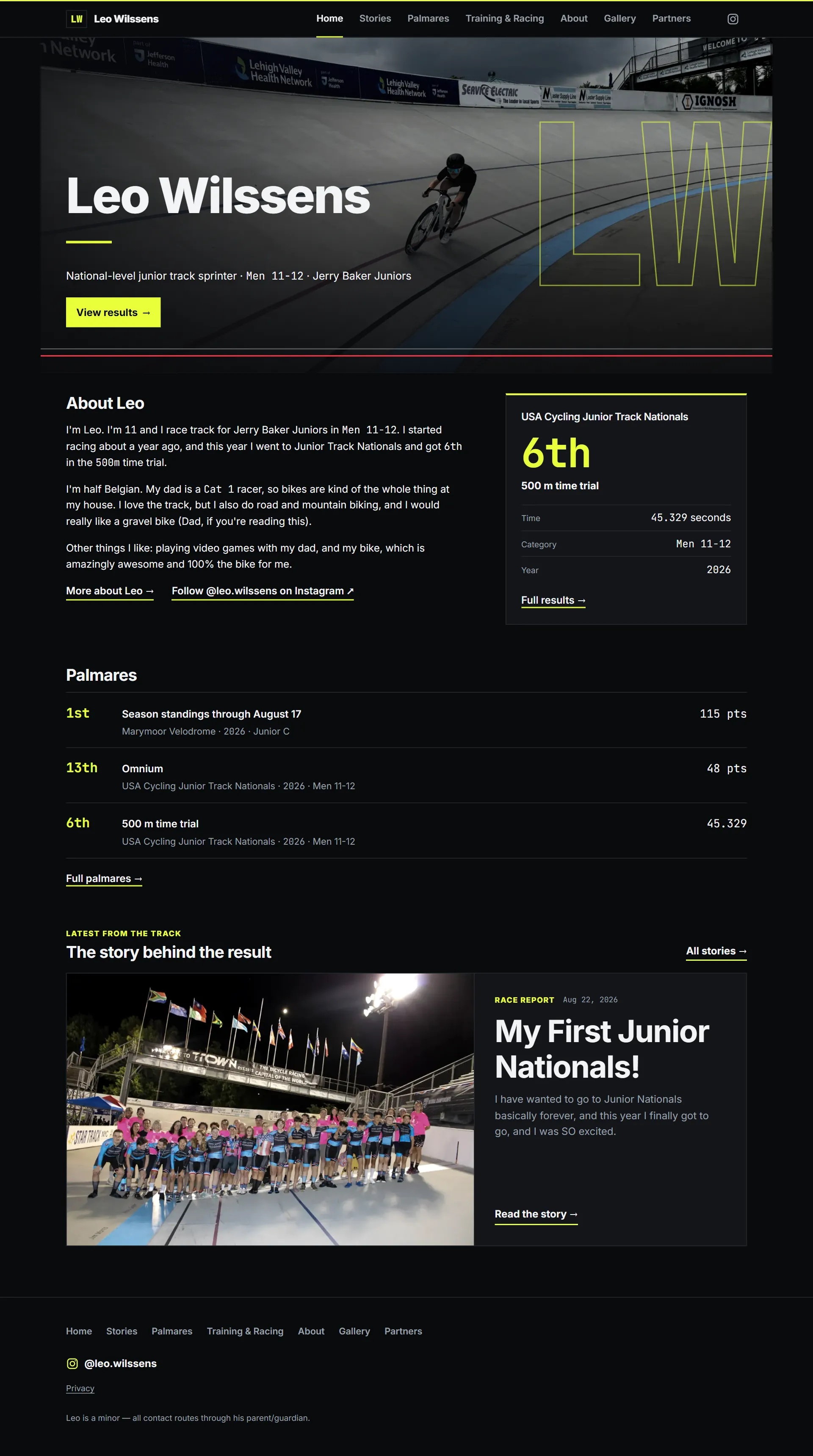The leo.wilssens.com home page: Leo racing on a velodrome under the heading “Leo Wilssens”, with his race results below.